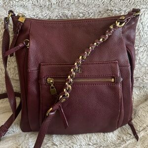 Elliot Luca Leather Crossbody Bag in Burgundy with Gold Chain Accent